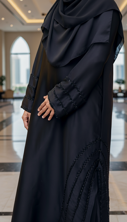 Black Fancy Embroidered A‑Line Abaya | Pearl & Bead Side Detailing | Designer