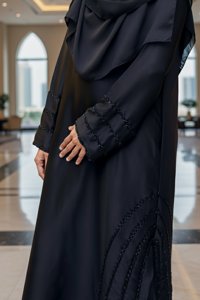 Black Fancy Embroidered A‑Line Abaya | Pearl & Bead Side Detailing | Designer