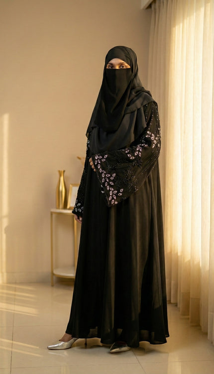 Black Peacock Feather Embroidered Abaya | Premium Occasionwear