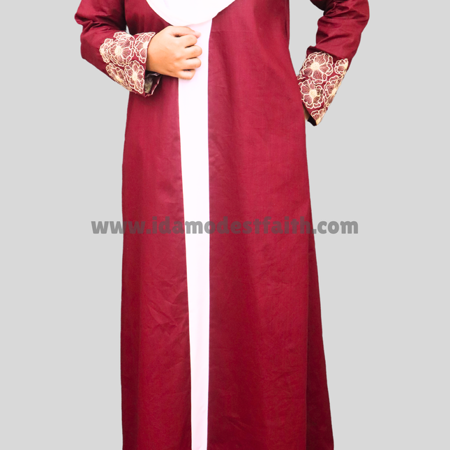 Maroon Fancy Flower Embroidered A-Line Abaya -  imported linen fabric and Mulberry Giza fabric