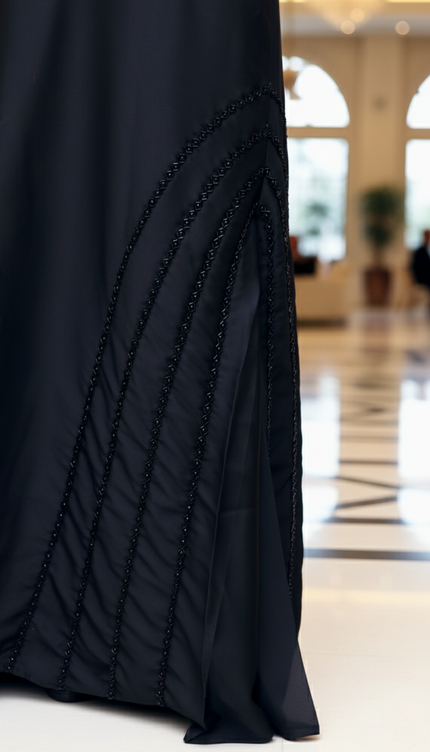 Black Fancy Embroidered A‑Line Abaya | Pearl & Bead Side Detailing | Designer