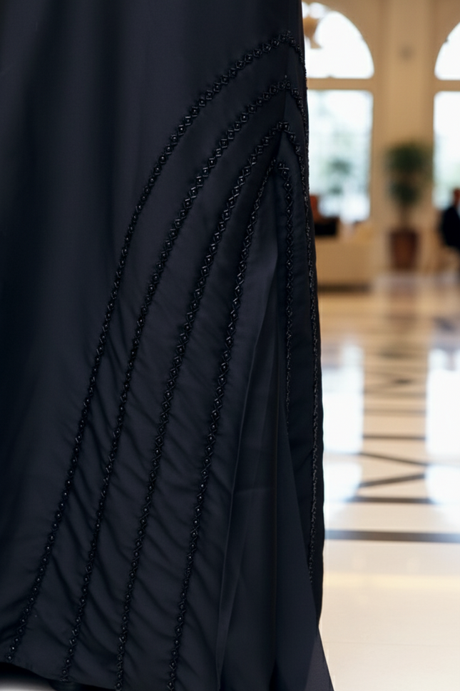 Black Fancy Embroidered A‑Line Abaya | Pearl & Bead Side Detailing | Designer