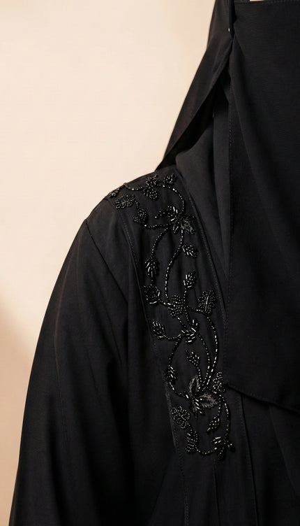 Black Hand‑Embroidered Sleeve & Side Panel Abaya