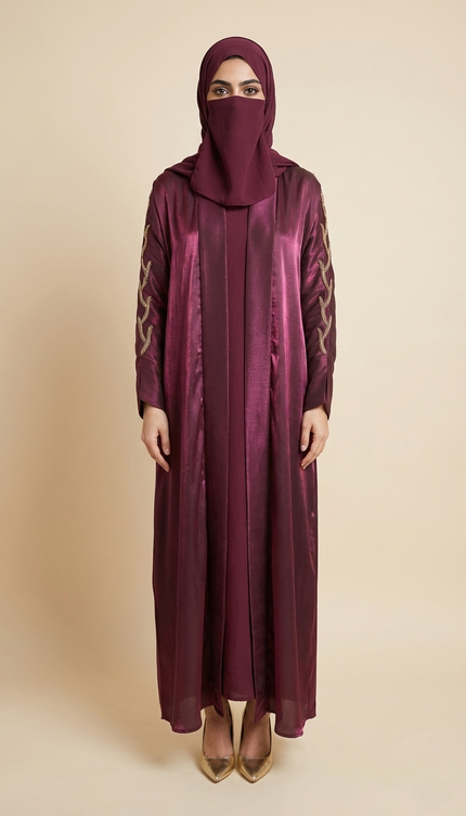 Luxury Maroon Shimmer Semi Jacket Abaya  | Hand-Embroidered Stone Chain & Cutdhana Sleeves