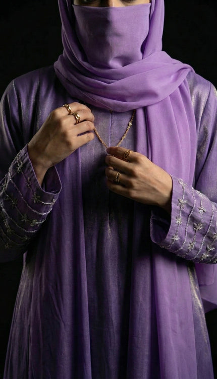 Luxury Lavender Shimmer Semi Jacket Abaya Mother & Daughter Set