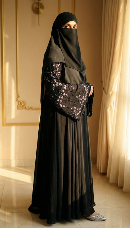 Black Peacock Feather Embroidered Abaya | Premium Occasionwear