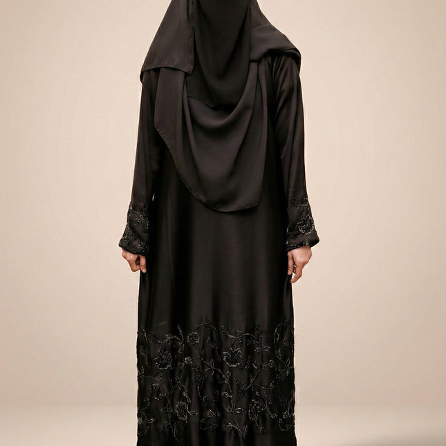 Black Korean Nida -Blend Abaya with Statement Sleeve Handwork | Premium Modestwear