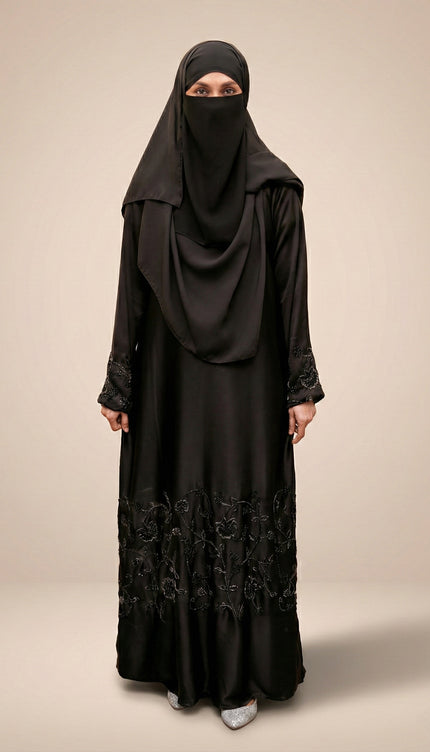 Black Korean Nida -Blend Abaya with Statement Sleeve Handwork | Premium Modestwear
