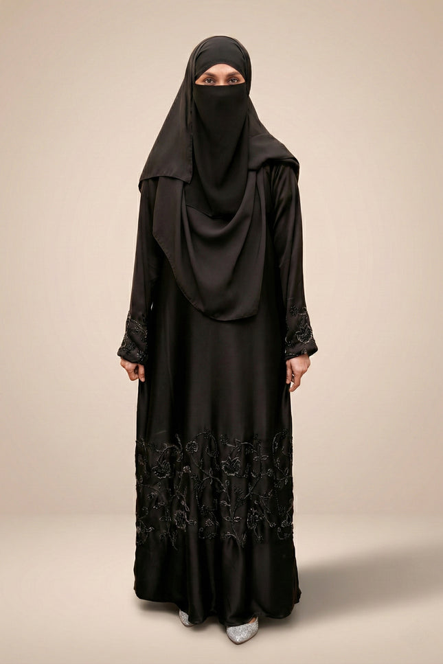 Black Korean Nida -Blend Abaya with Statement Sleeve Handwork | Premium Modestwear