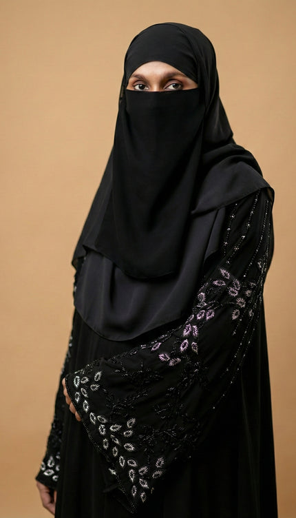 Black Peacock Feather Embroidered Abaya | Premium Occasionwear