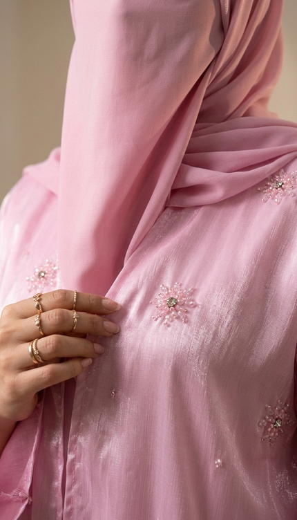 Blush Pink Jacket Abaya with Cutdana & Sugar Bead Handwork | Ready to Ship