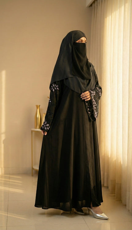 Black Peacock Feather Embroidered Abaya | Premium Occasionwear