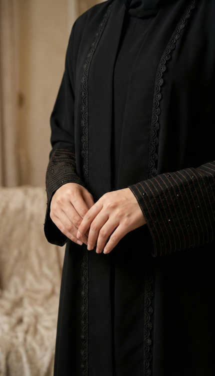 Classic Black A-Line Semi Jacket Abaya | Minimal Thread & Stone Design | Modest Fashion