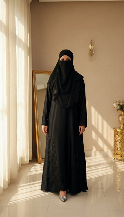 Black Fancy Embroidered A‑Line Abaya | Pearl & Bead Side Detailing | Designer