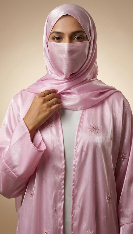 Blush Pink Jacket Abaya with Cutdana & Sugar Bead Handwork | Ready to Ship