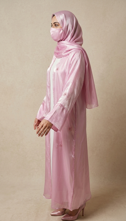 Blush Pink Jacket Abaya with Cutdana & Sugar Bead Handwork | Ready to Ship