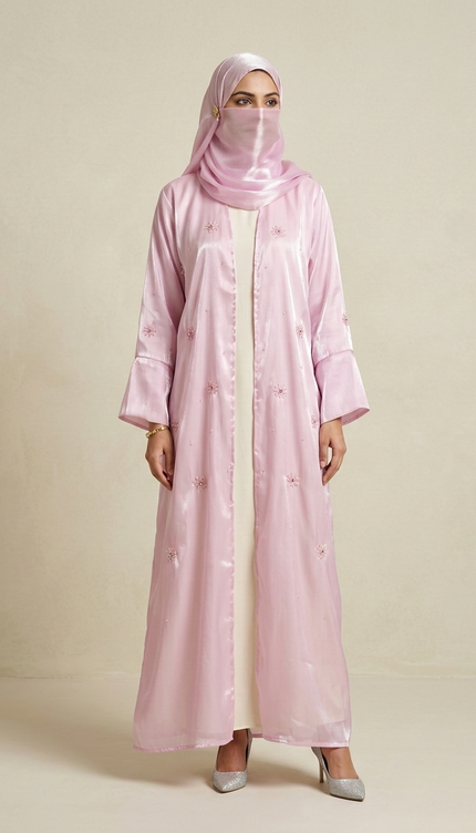 Blush Pink Jacket Abaya with Cutdana & Sugar Bead Handwork | Ready to Ship