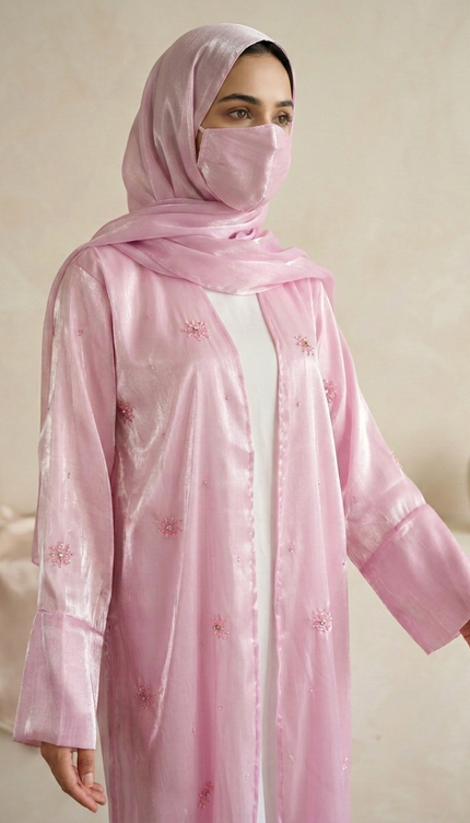 Blush Pink Jacket Abaya with Cutdana & Sugar Bead Handwork | Ready to Ship