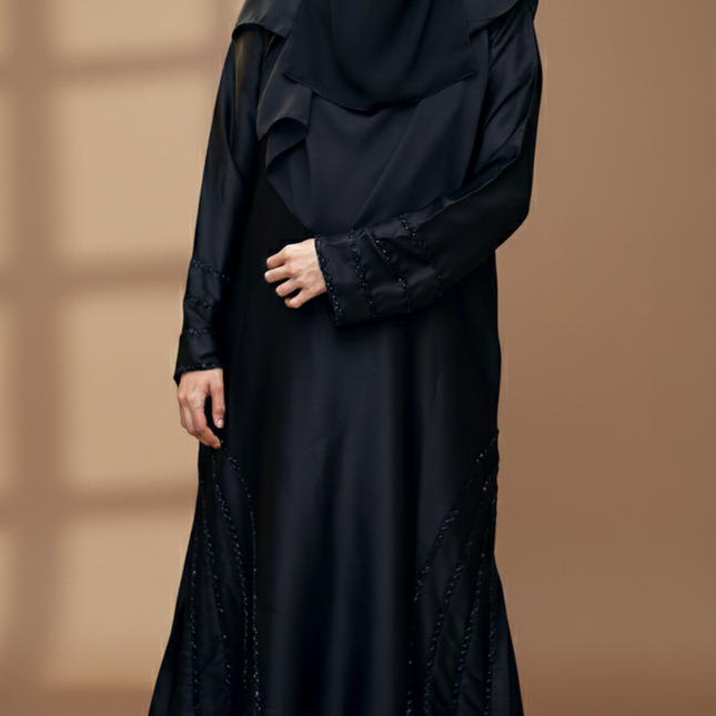 Black Fancy Embroidered A‑Line Abaya | Pearl & Bead Side Detailing | Designer