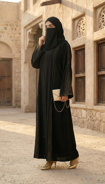 The Noir Gilded Linear Abaya – Premium Korean Nida with Pintuck Artistry