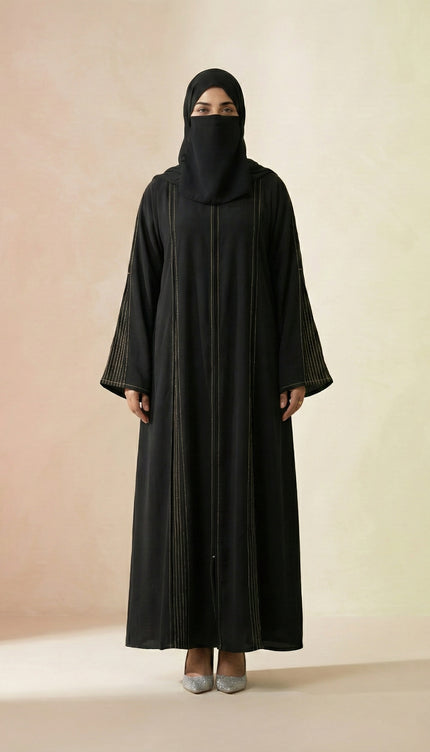 The Noir Gilded Linear Abaya – Premium Korean Nida with Pintuck Artistry