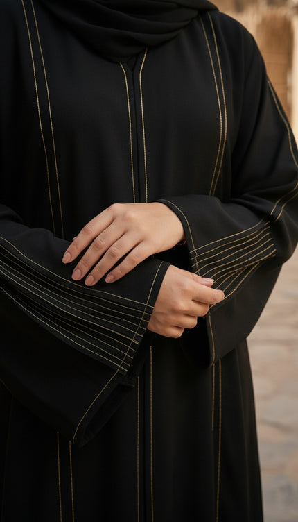 The Noir Gilded Linear Abaya – Premium Korean Nida with Pintuck Artistry