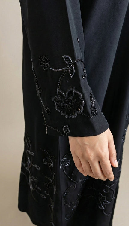 Black Korean Nida -Blend Abaya with Statement Sleeve Handwork | Premium Modestwear