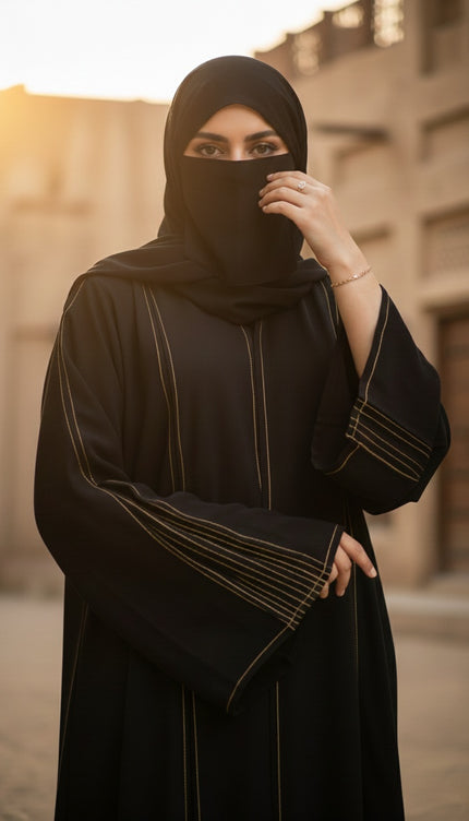 The Noir Gilded Linear Abaya – Premium Korean Nida with Pintuck Artistry
