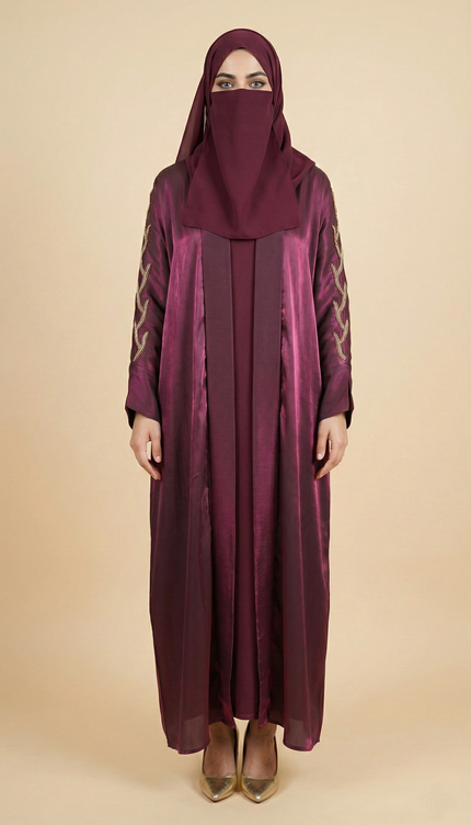 Luxury Maroon Shimmer Semi Jacket Abaya  | Hand-Embroidered Stone Chain & Cutdhana Sleeves