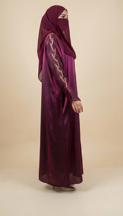 Luxury Maroon Shimmer Semi Jacket Abaya  | Hand-Embroidered Stone Chain & Cutdhana Sleeves