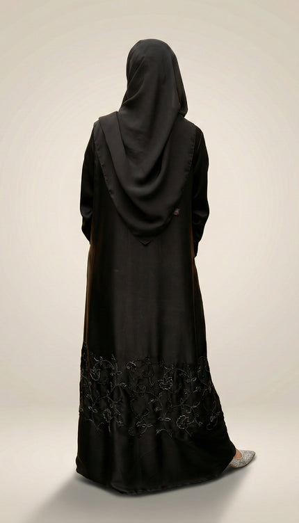 Black Korean Nida -Blend Abaya with Statement Sleeve Handwork | Premium Modestwear