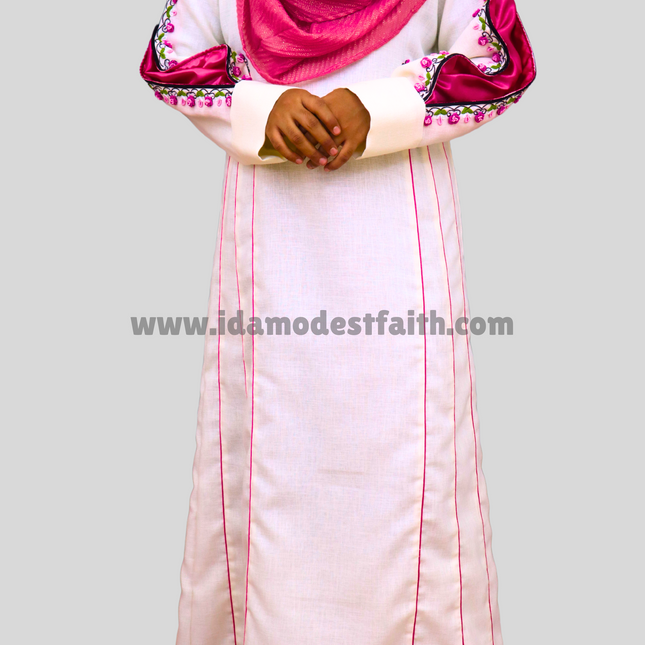 White &amp; Pink Fancy Heavy Threadwork Embroidered Abaya – A Timeless Blend of Grace &amp; Elegance,Premium Fabric Blend: Crafted with imported linen fabric and satin, offering a lightweight, smooth, and comfortable feel