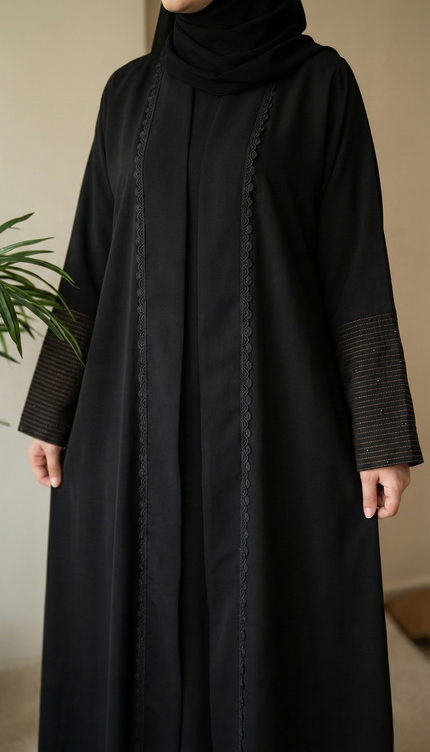 Classic Black A-Line Semi Jacket Abaya | Minimal Thread & Stone Design | Modest Fashion