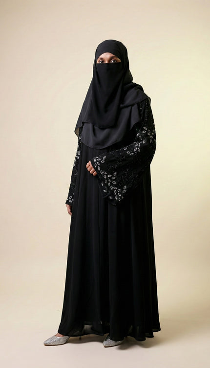 Black Peacock Feather Embroidered Abaya | Premium Occasionwear