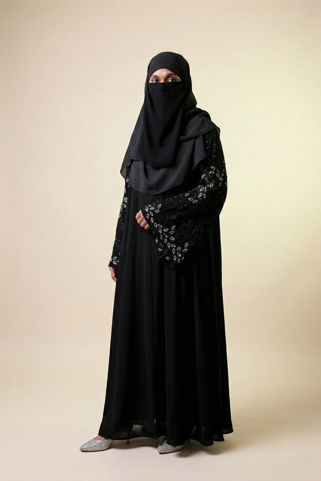 Black Peacock Feather Embroidered Abaya | Premium Occasionwear