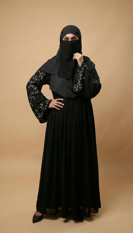 Black Peacock Feather Embroidered Abaya | Premium Occasionwear