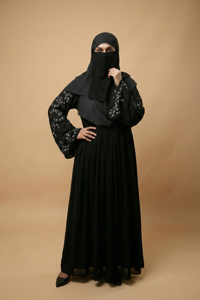 Black Peacock Feather Embroidered Abaya | Premium Occasionwear