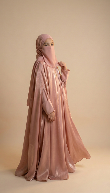 Rose Gold Shimmer Farasha Abaya for Girls | Fendi Organza & Armani Satin