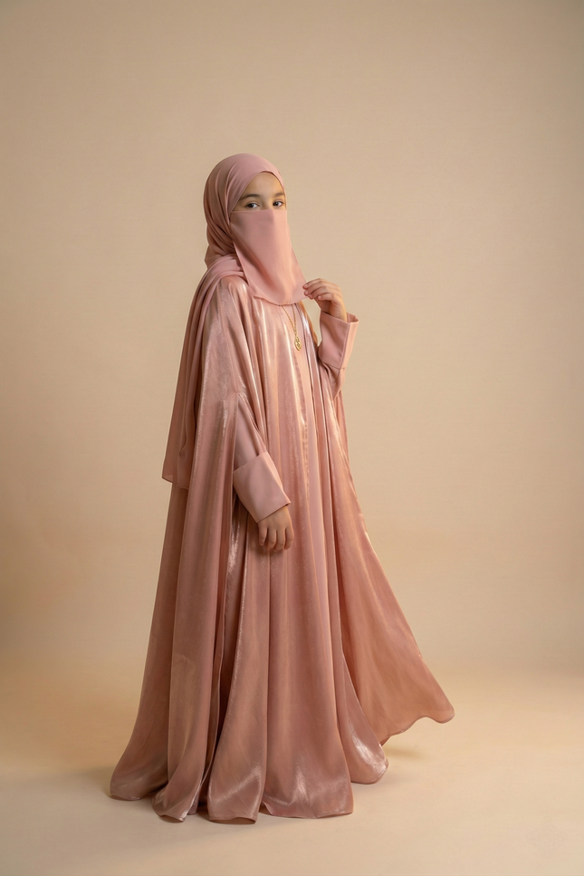 Rose Gold Shimmer Farasha Abaya for Girls | Fendi Organza & Armani Satin
