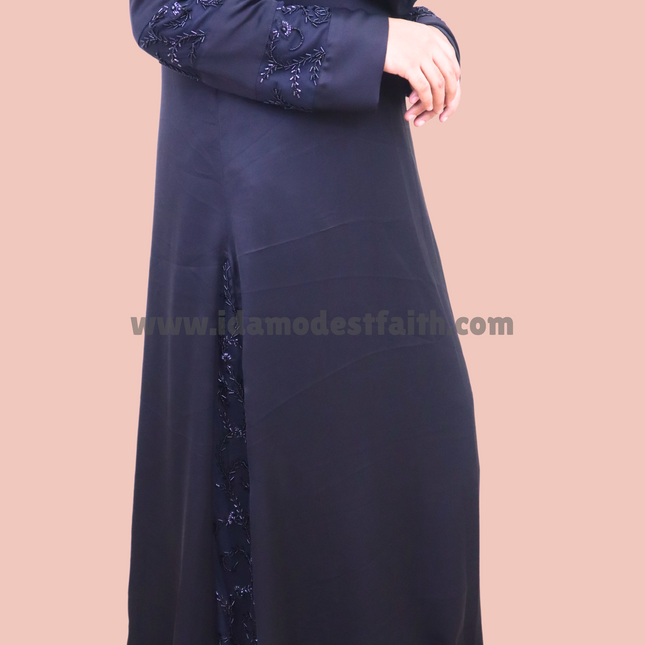Handworked embroidery on the sleeves and side panels adds a refined yet bold aesthetic, | Imported Korean Nida Premium Abaya