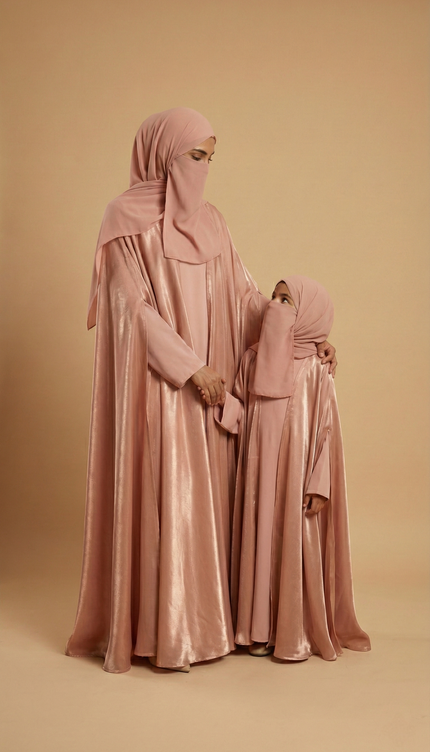 Rose Gold Farasha Mother & Daughter Matching Abaya Set | Luxury Shimmer Nida & Fendi Organza | Eid & Wedding Wear