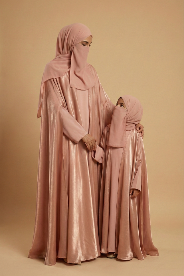 Luxury Mother-Daughter Mocha Brown Abaya Set - Farasha Jacket Style with Nida & Organza | Festive & Wedding Modest Wear