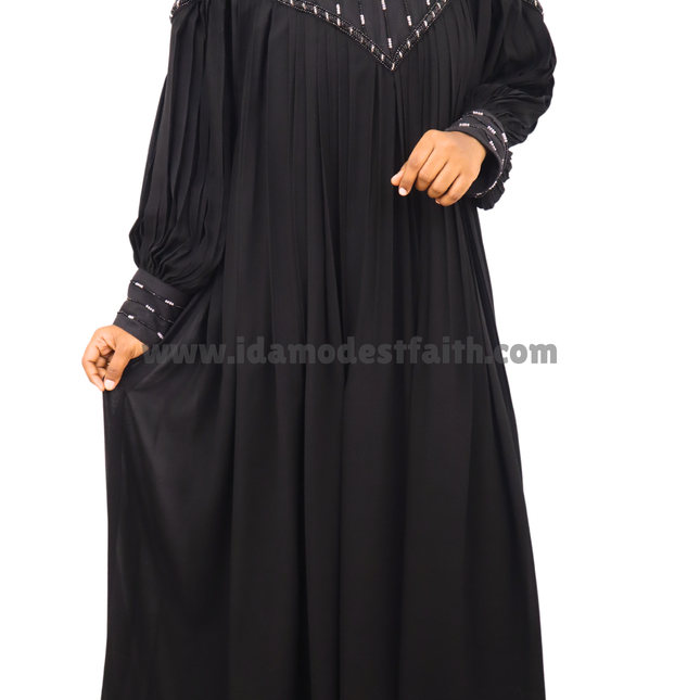 Premium Imported Korean Nida gathered Chiffon Abaya - Front And Back Handwork On Net