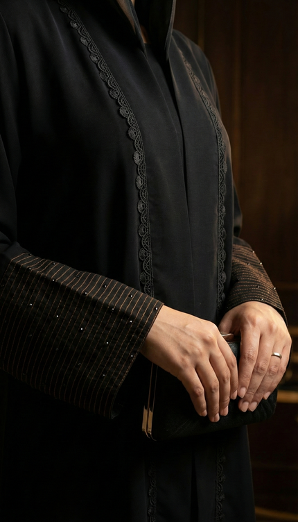 Classic Black A-Line Semi Jacket Abaya | Minimal Thread & Stone Design | Modest Fashion