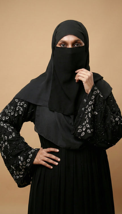 Black Peacock Feather Embroidered Abaya | Premium Occasionwear