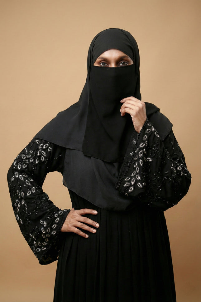 Black Peacock Feather Embroidered Abaya | Premium Occasionwear
