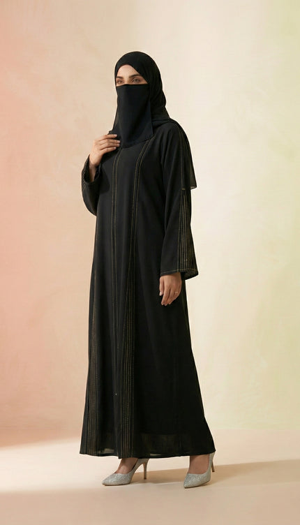 The Noir Gilded Linear Abaya – Premium Korean Nida with Pintuck Artistry