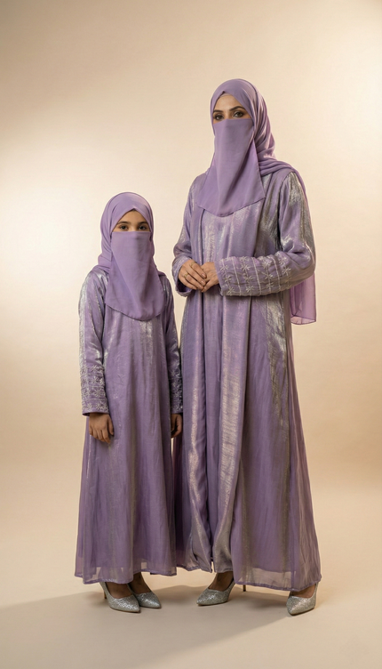 Luxury Lavender Shimmer Semi Jacket Abaya Mother & Daughter Set