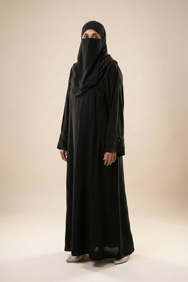 Black Hand‑Embroidered Sleeve & Side Panel Abaya