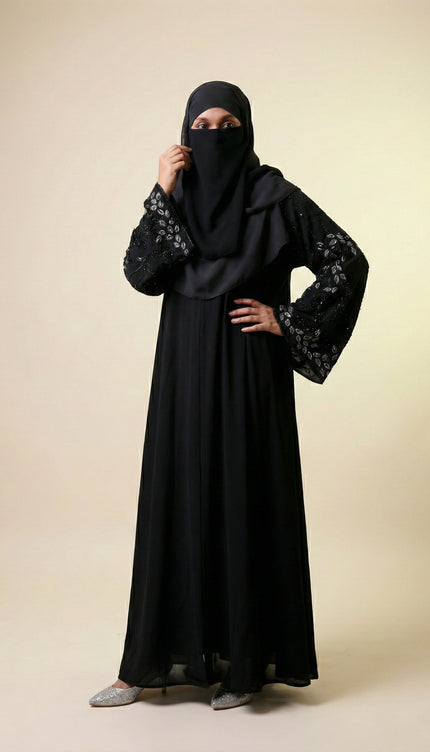 Black Peacock Feather Embroidered Abaya | Premium Occasionwear